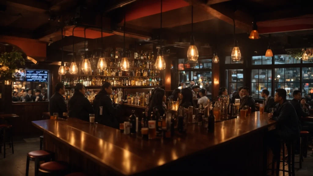 a bustling pub filled with diverse patrons enjoying crafted beverages, illuminated by warm, inviting lights, symbolizing the vibrant atmosphere essential for a profitable bar business.