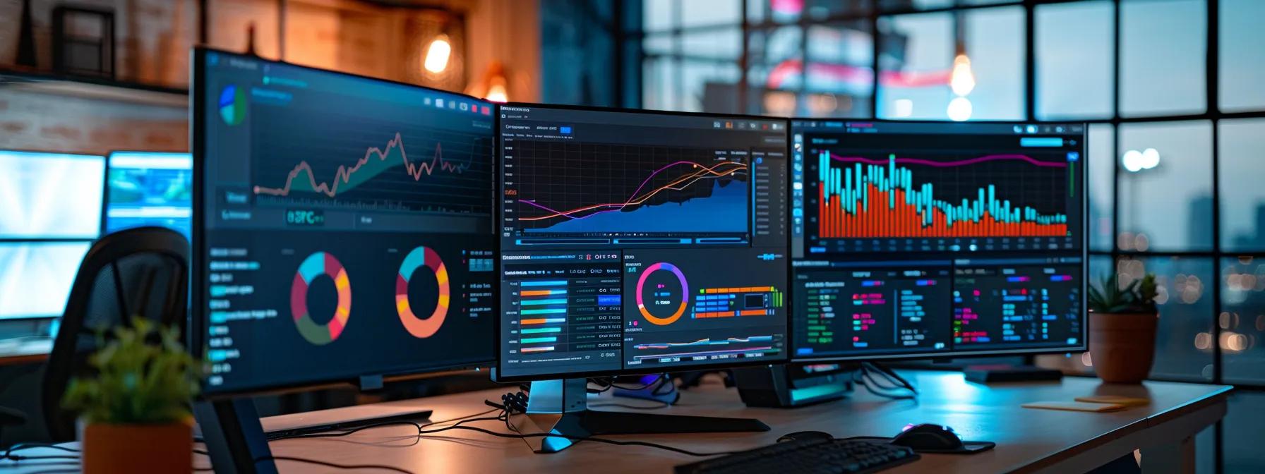 a sleek, modern office workspace filled with high-tech monitors displaying dynamic seo analytics and colorful data visualizations, emphasizing the importance of organic search optimization and digital performance improvement.