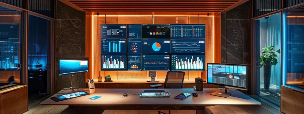 a sleek, modern office setup featuring a high-tech computer screen displaying an intuitive ai seo dashboard, surrounded by vibrant visuals of data analytics and keyword clusters, exuding a sense of innovation and efficiency in digital marketing.