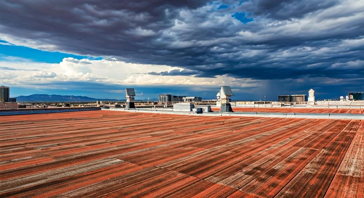 a striking urban rooftop in las vegas showcases weathered roofing materials under the harsh sun, with a backdrop of an intense blue sky and distant, dark storm clouds, highlighting the wear from extreme heat and occasional severe storms.