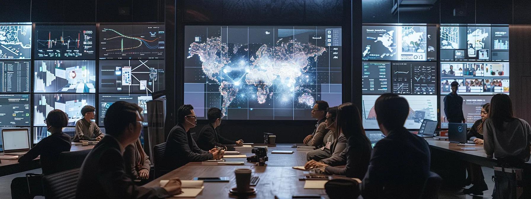 a dynamic office environment showcases a diverse group of professionals engaged in a lively brainstorming session, surrounded by digital displays of search optimization trends and analytics, emphasizing collaboration and innovation in the ever-evolving digital marketing landscape.