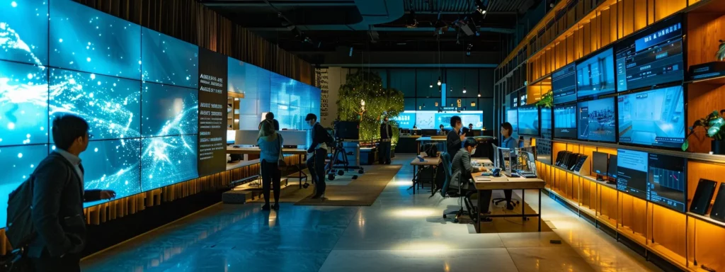 a sleek modern office filled with professionals collaborating over digital devices and ai-powered content tools displayed on large screens, showcasing a dynamic environment focused on streamlining research and enhancing seo strategies.