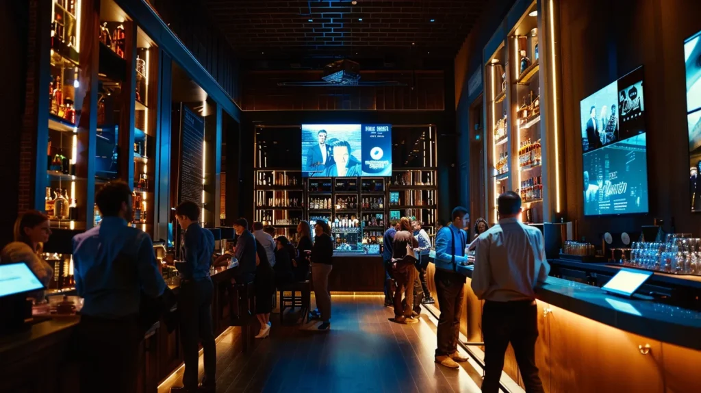 a dynamic pub interior captures a bustling atmosphere, featuring patrons enjoying cocktails, illuminated by warm lighting, as a sleek pos system monitors inventory and promotional posters highlight special events on the walls.