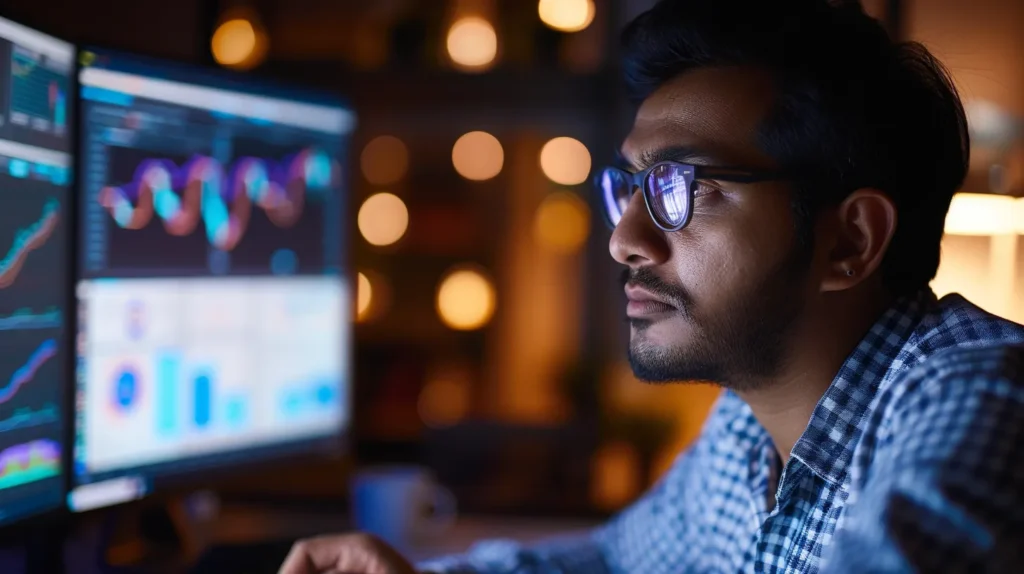 a focused portrait of manick bhan, a young seo expert, intently analyzing data on a sleek computer screen, illuminated by soft ambient lighting, capturing the essence of digital strategy and data interpretation in a modern workspace.