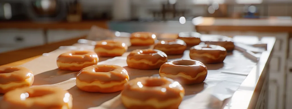 a kitchen counter lined with freshly made, golden-brown glazed donuts cooling on waxed paper.