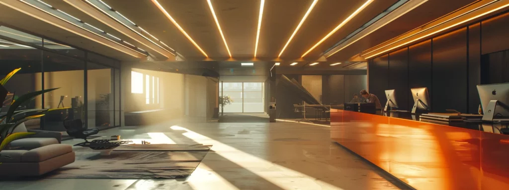 a sleek, modern office space showcases a team of professional contractors expertly applying premium roofing materials, with bright overhead lights enhancing the textures and colors of the advanced roof coating techniques in action.