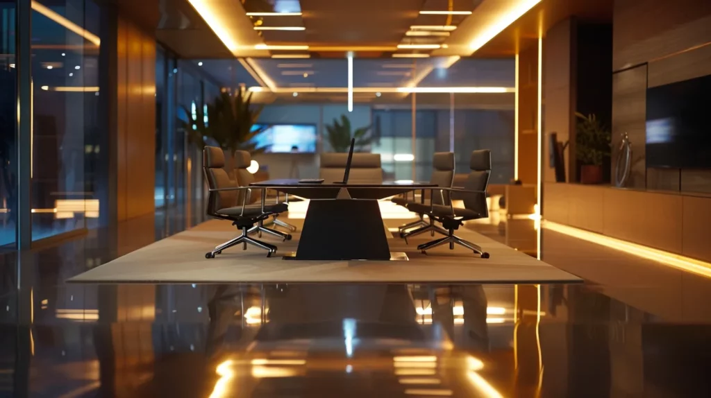 a sleek, modern office space, illuminated by dynamic led lighting, features a large glass conference table surrounded by stylish ergonomic chairs, symbolizing high-level business discussions and innovation.