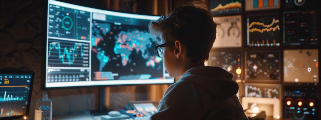 a person analyzing a diverse range of keywords on a computer screen with charts and graphs, focusing intently on selecting the right terms for seo.