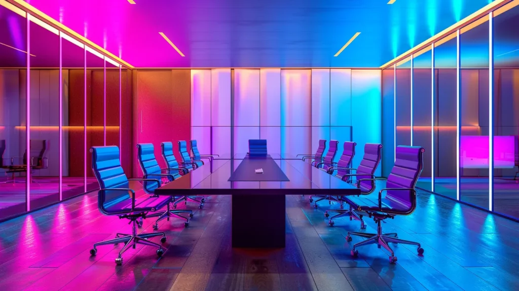 a sleek, modern office space is filled with vibrant color accents, featuring a large conference table surrounded by minimalist chairs, where team members engage in a dynamic brainstorming session under the warm glow of recessed lighting.