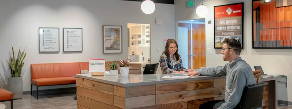 a sleek, modern office space features a confident roofing consultant engaging with a homeowner at a stylish desk, surrounded by promotional materials illustrating affordable financing options for roof repair, all under warm, inviting lighting that emphasizes a sense of trust and professionalism.