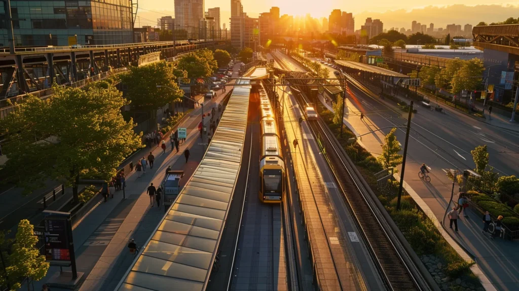 a vibrant urban landscape showcases a bustling public transportation hub surrounded by bike lanes and pedestrian walkways, highlighting the synergy between efficient transit systems and thriving community engagement under the warm glow of sunset.