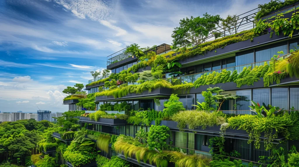 a vibrant urban landscape showcases lush green roofs and vertical gardens, seamlessly integrating nature into modern architecture under a bright blue sky, symbolizing the harmony of sustainability and community well-being.
