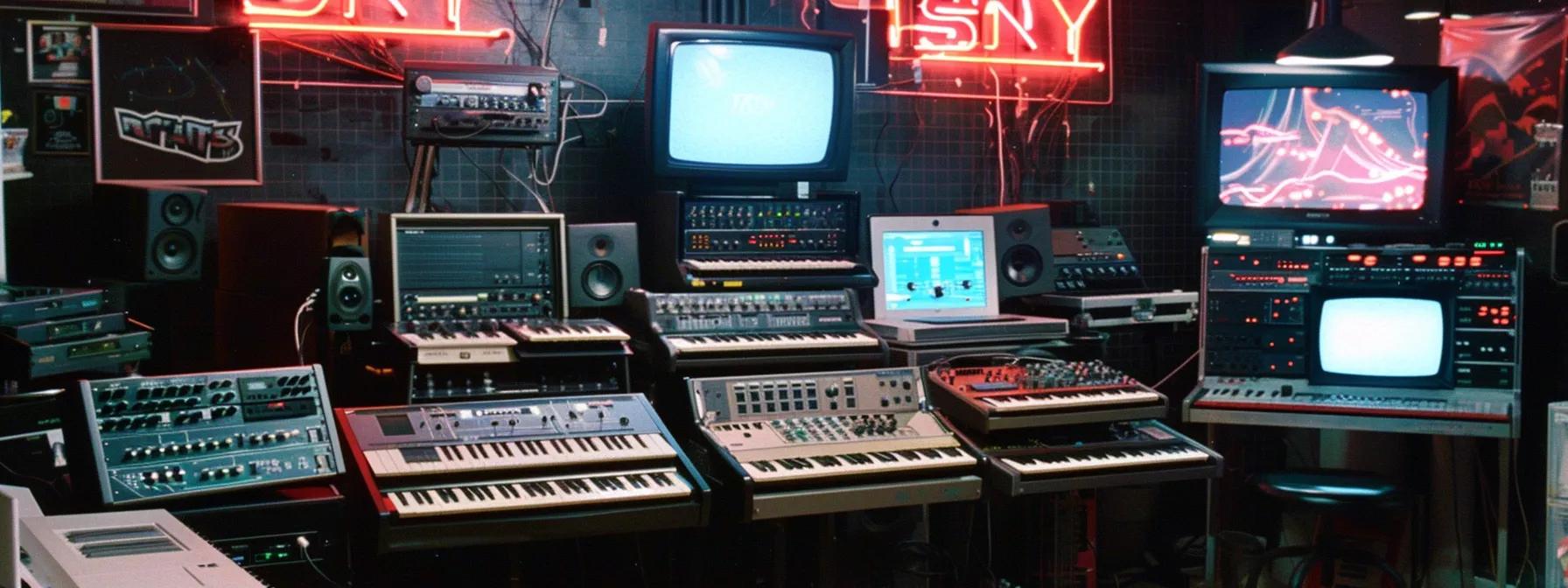 a vibrant, modern music studio filled with vintage synthesizers and analog equipment, illuminated by colorful neon lights, showcasing contemporary producers passionately mixing retro sounds with cutting-edge technology.