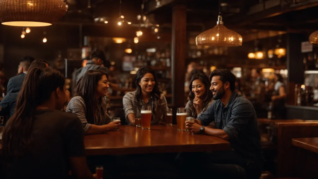 a dynamic pub scene featuring a diverse group of engaged patrons enjoying craft beers and sharing lively conversations, illuminated by warm lighting that highlights the inviting atmosphere and unique decor, symbolizing a thriving business built on understanding customer preferences and innovative strategies.