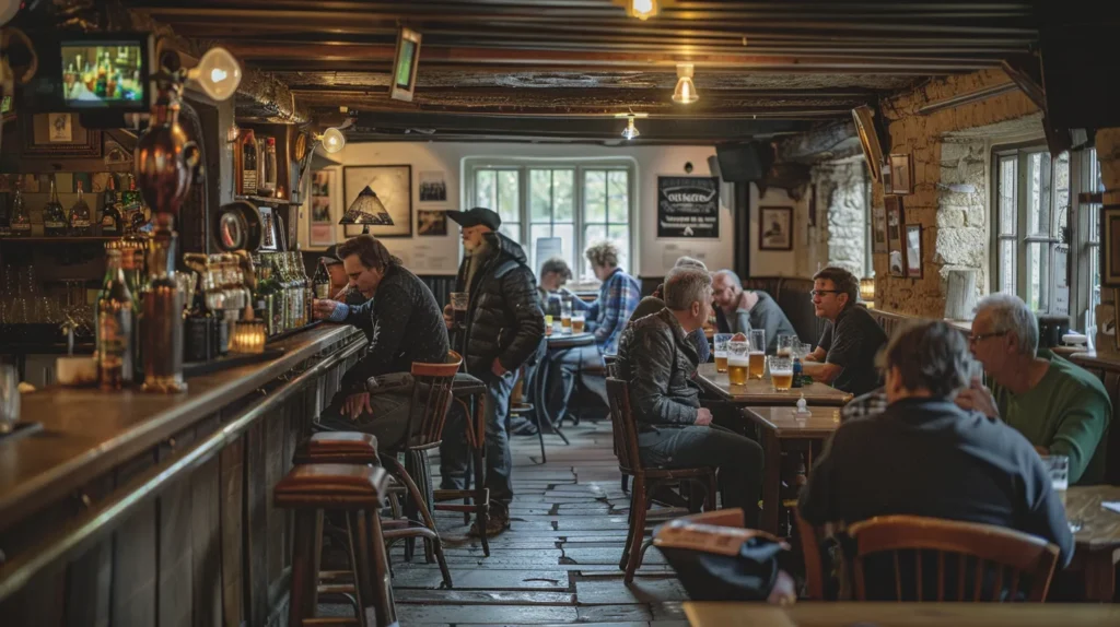 a vibrant pub scene showcasing a warm, inviting atmosphere with patrons enjoying their drinks amidst unique decor, accentuated by soft, ambient lighting that highlights the establishment's distinct brand identity.