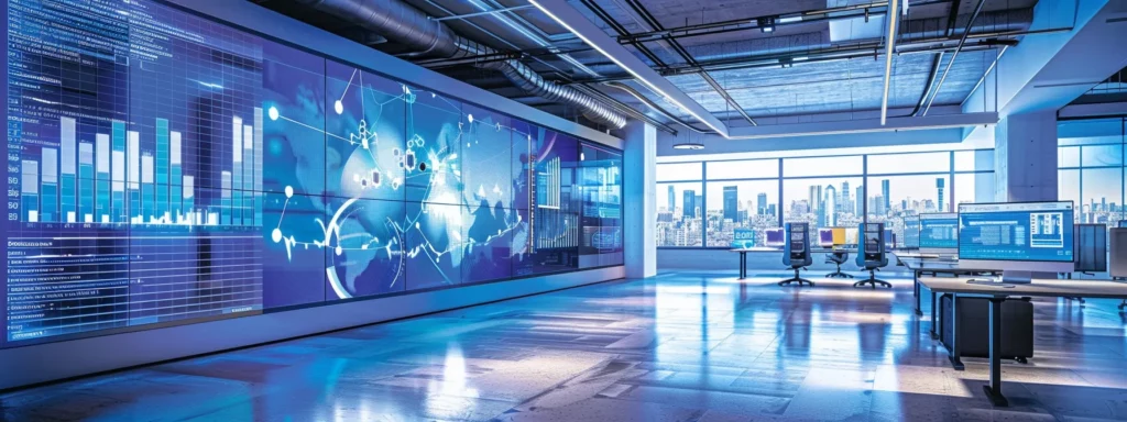 a sleek, modern office space is illuminated by vibrant digital displays showcasing impressive graphs and analytics that emphasize a 32% increase in search rankings and a 45% boost in organic traffic, embodying the transformative power of intelligent seo automation.