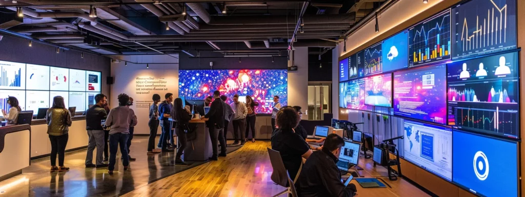 a dynamic and modern office scene features a diverse group of professionals engaged in a collaborative brainstorming session, surrounded by sleek technology and vibrant charts on the walls, all illuminated by sharp, overhead lighting that highlights their focused expressions.