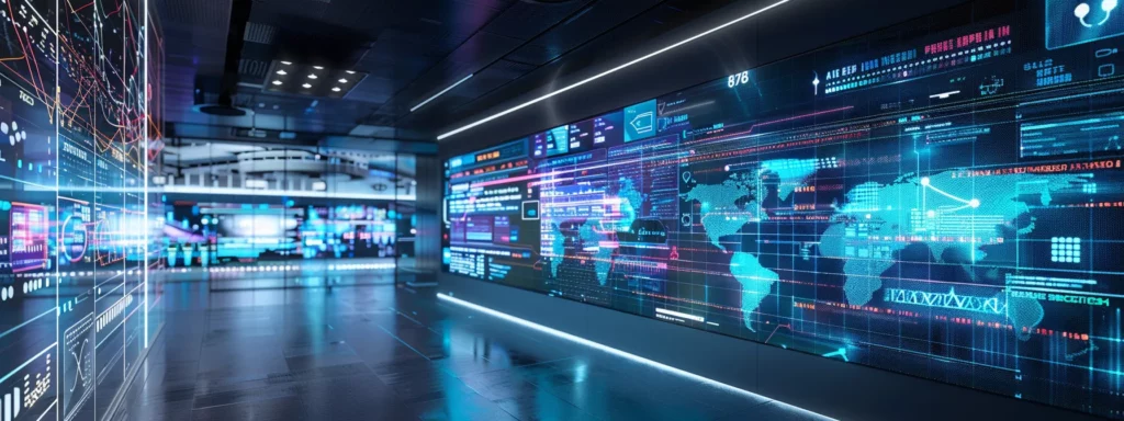 a sleek, modern office environment features a large digital display showcasing vibrant product listings and analytics, emphasizing the effectiveness of searchatlas's ai product feed assistant in driving google shopping clicks.