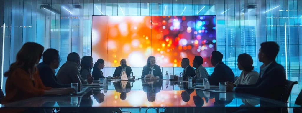 a sleek, modern conference room buzzes with anticipation as a diverse group of professionals engages in a vibrant brainstorming session, surrounded by dynamic visuals on a large digital screen.