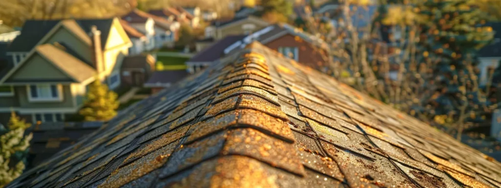 a close-up view of a roofing inspector utilizing specialized tools and technology on a residential rooftop, with clear focus on the detailed analysis of asphalt shingles revealing signs of wear and weather damage against a backdrop of a well-maintained suburban neighborhood.