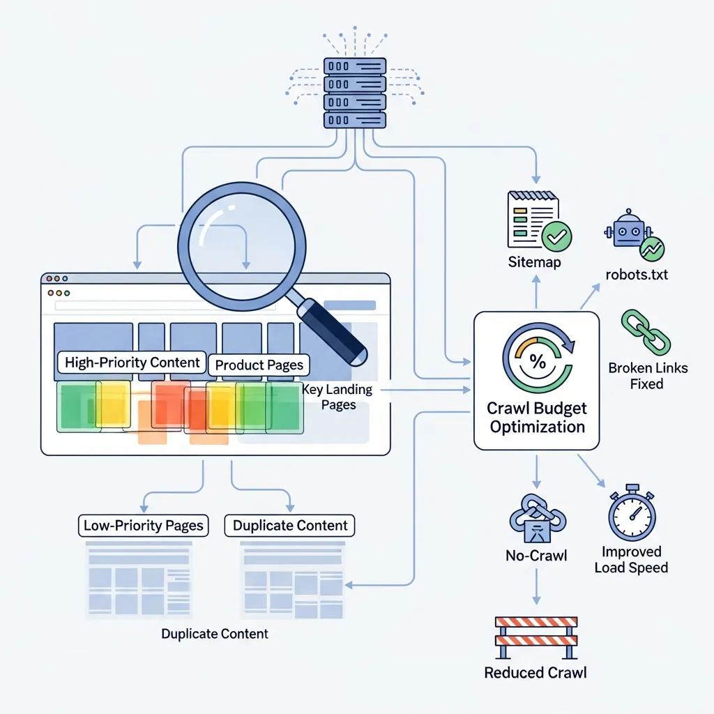 Visual representation of techniques for optimizing crawl budget in large enterprise sites
