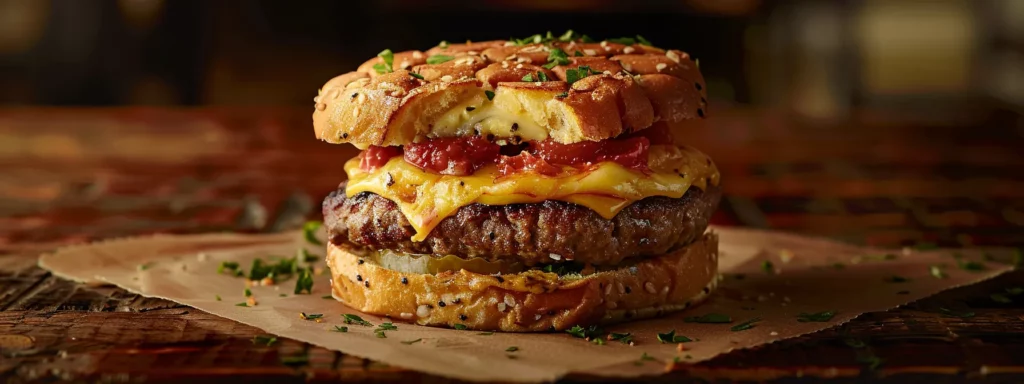a beautifully arranged gourmet burger on a rustic wooden table, showcasing the succulent patty, melted artisan cheese, and vibrant toppings, all nestled within a freshly baked bun, illuminated by warm, inviting indoor lighting.