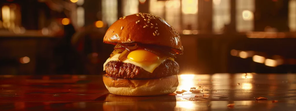 a beautifully arranged gourmet burger sits on a polished wooden table, showcasing a perfectly seared patty topped with glistening yolk and vibrant caramelized onions, illuminated by warm indoor lighting that highlights the rich textures and colors of the dish.