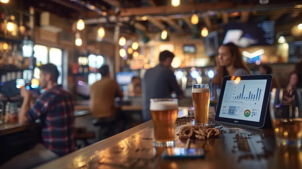 a bustling pub interior showcases a vibrant atmosphere where patrons enjoy their drinks, while a focused team analyzes operational data on a sleek tablet, emphasizing the critical role of failure analysis in enhancing customer satisfaction and business performance.