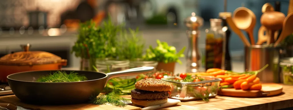 a cozy, well-organized kitchen scene featuring a neatly arranged collection of gourmet burgers stored in airtight containers on a countertop, alongside a skillet ready for reheating, showcasing the vibrant colors of fresh carrots and dill for a visually appealing culinary experience.