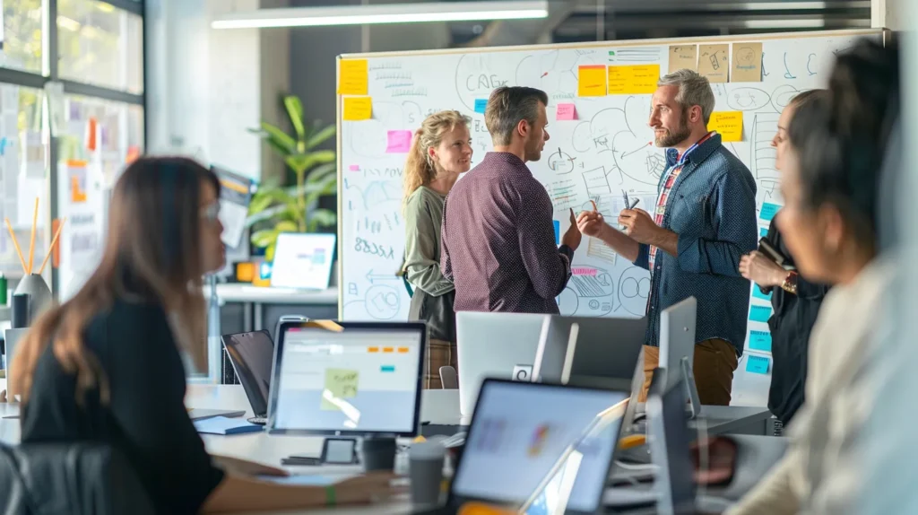 a dynamic and collaborative workspace, illuminated by warm natural light, showcases a diverse group of professionals engaging in spirited discussions around vibrant whiteboards, symbolizing the core values of agile methodology in software development and innovation.