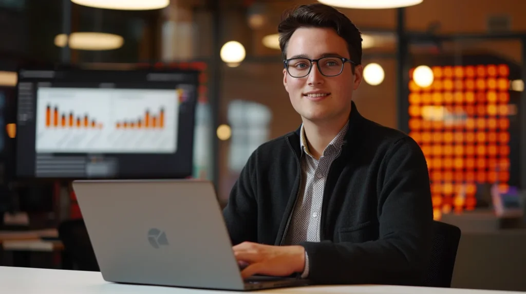 a dynamic and focused portrait of a young ceo analyzing data on a sleek laptop amidst a modern office environment, with vibrant industry tools and graphs projected on screens, emphasizing innovation and proactive problem-solving in pub management.
