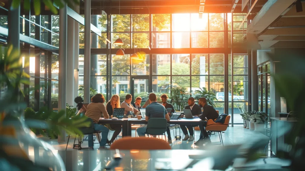 a dynamic and vibrant office environment captures the essence of agile methodology, showcasing diverse teams in action, collaborating on digital project management tools and brainstorming innovative solutions, illuminated by natural light streaming through large windows creating an atmosphere of energy and productivity.