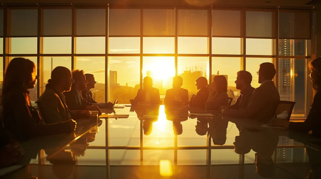 a dynamic boardroom filled with a diverse group of engaged professionals collaboratively discussing agile methodologies, illuminated by warm, soft light filtering through large windows, symbolizing the overcoming of cultural resistance through open communication and teamwork.