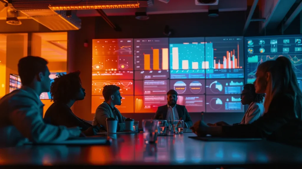 a dynamic boardroom scene showcases a diverse group of professionals passionately discussing agile methodologies, with vibrant visuals of charts and graphs projected on a large screen, illuminated by warm, ambient lighting that encourages collaboration and innovation.