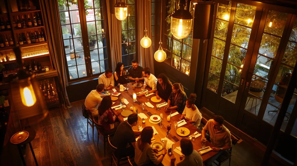 a dynamic brainstorming session unfolds in a modern pub, showcasing diverse staff collaborating passionately around a large table, illuminated by warm, ambient light, as they strategize to enhance operations and resolve challenges.