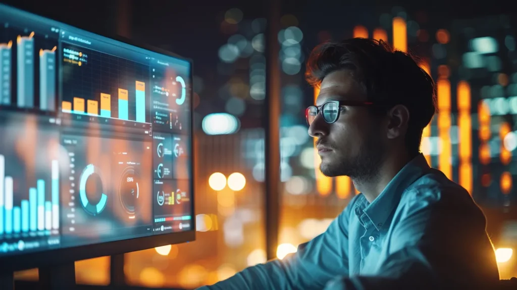 a focused, dynamic composition of a modern workspace, showcasing a confident young ceo engaging with a digital interface that embodies the principles of agile methodology, illuminated by soft natural light that enhances the vibrant colors of charts and graphs depicting efficiency and iterative success.