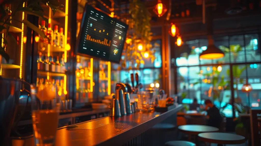 a focused, modern pub environment with a sleek digital dashboard displaying key performance metrics, illuminated by soft, warm lighting, symbolizes the innovative approach to systematic data collection for enhanced operational efficiency and customer satisfaction.