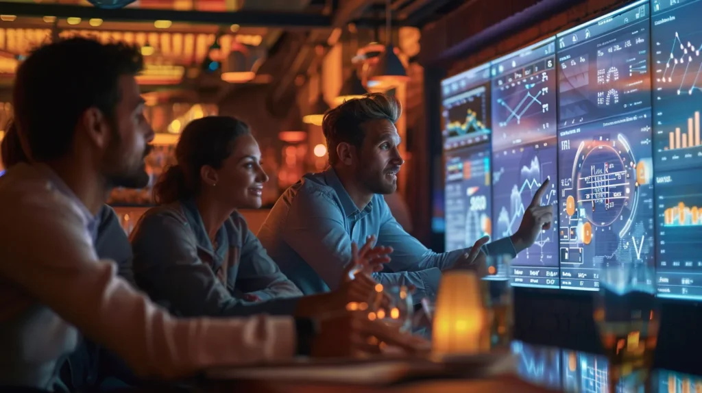 a focused team of professionals collaborates around a large screen displaying analytics and diagrams, illuminated by warm, ambient lighting that highlights their engaged expressions as they diagnose operational failures in a modern pub setting.