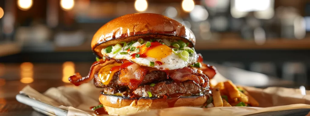 a mouthwatering gourmet burger, artfully presented on parchment paper, adorned with vivid toppings like crispy bacon, a fried egg, and vibrant scallions, captured with dramatic lighting in a sleek, modern kitchen setting.