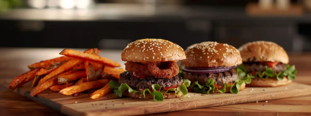 a mouthwatering gourmet burger display features a black bean patty topped with a crispy onion ring, a grilled chicken burger nestled in a crisp iceberg lettuce wrap, and a classic beef burger oozing with melted american cheese, all artfully arranged on a sleek wooden serving board alongside vibrant sweet potato fries, set in a modern kitchen with warm, inviting lighting.