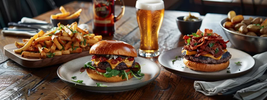 a mouthwatering gourmet burger sits at the center of a stylish urban dining table, surrounded by crispy potato wedges and a chilled craft beer, all artfully arranged to highlight a vibrant culinary experience.