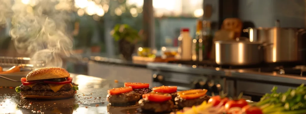 a sleek, modern kitchen showcases a gourmet burger being expertly grilled, with sizzling patties and vibrant toppings spread out on a polished countertop, highlighting the art of culinary technique with rich textures and colors.