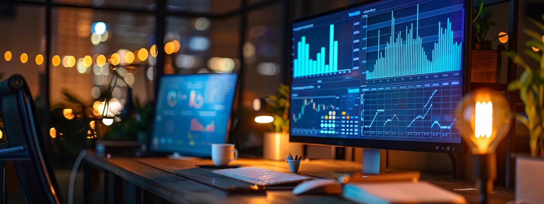 a sleek, modern office workspace is illuminated by vibrant led screens displaying intricate analytics and seo performance dashboards, showcasing the dynamic capabilities of search atlas as agency professionals engage with real-time data to enhance online visibility and strategize competitive advantage.