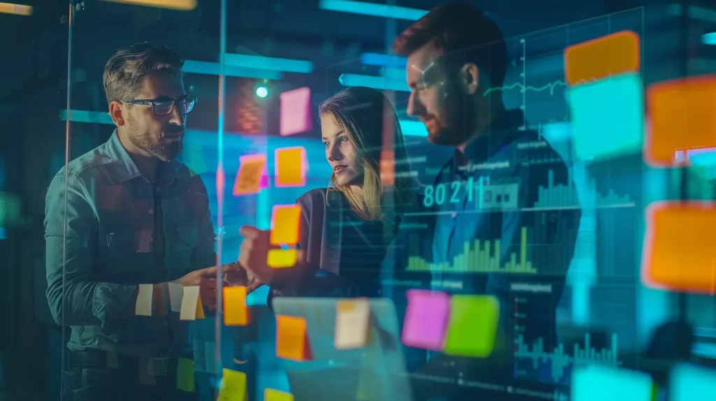 a vibrant, collaborative agile team huddles around a digital dashboard, intensely refining their strategies amidst a backdrop of colorful sticky notes and dynamic charts, highlighting the essence of continuous improvement and teamwork in a modern office setting.