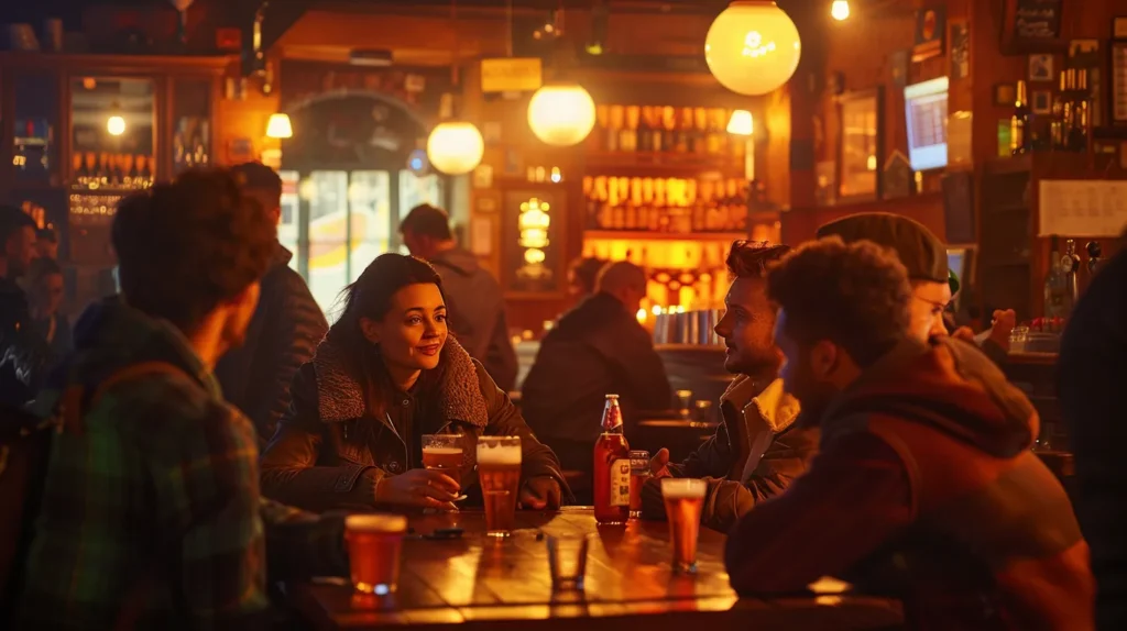 a vibrant pub scene bustling with engaged staff participating in a dynamic training session, illuminated by warm lighting that highlights their focused expressions as they collaboratively analyze feedback and celebrate learning moments.