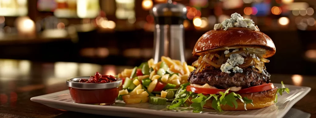 an elegantly arranged gourmet burger topped with crumbled blue cheese and caramelized onions sits on a polished wooden countertop, with colorful condiments artfully presented nearby, all under warm, inviting kitchen lighting that highlights the dish's rich textures and sophisticated flavors.