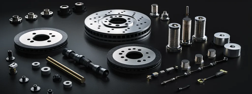 a close-up photo of brake pads, rotors, drums, fluid, lines, and hoses, highlighting the intricate components of a brake system for effective maintenance and vehicle safety.