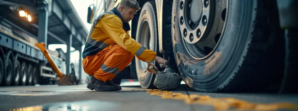 a close-up photo of a mechanic inspecting worn brake pads on a commercial vehicle, highlighting the importance of brake maintenance for safety.