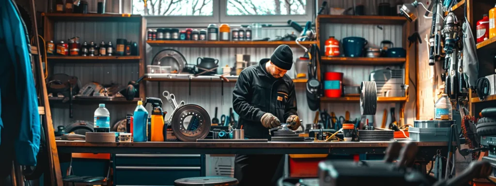 a mechanic carefully inspecting and cleaning brake components, surrounded by tools and brake fluid bottles in a well-lit garage.