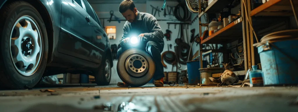 a mechanic inspecting brake components with a flashlight in a clean, well-lit garage.